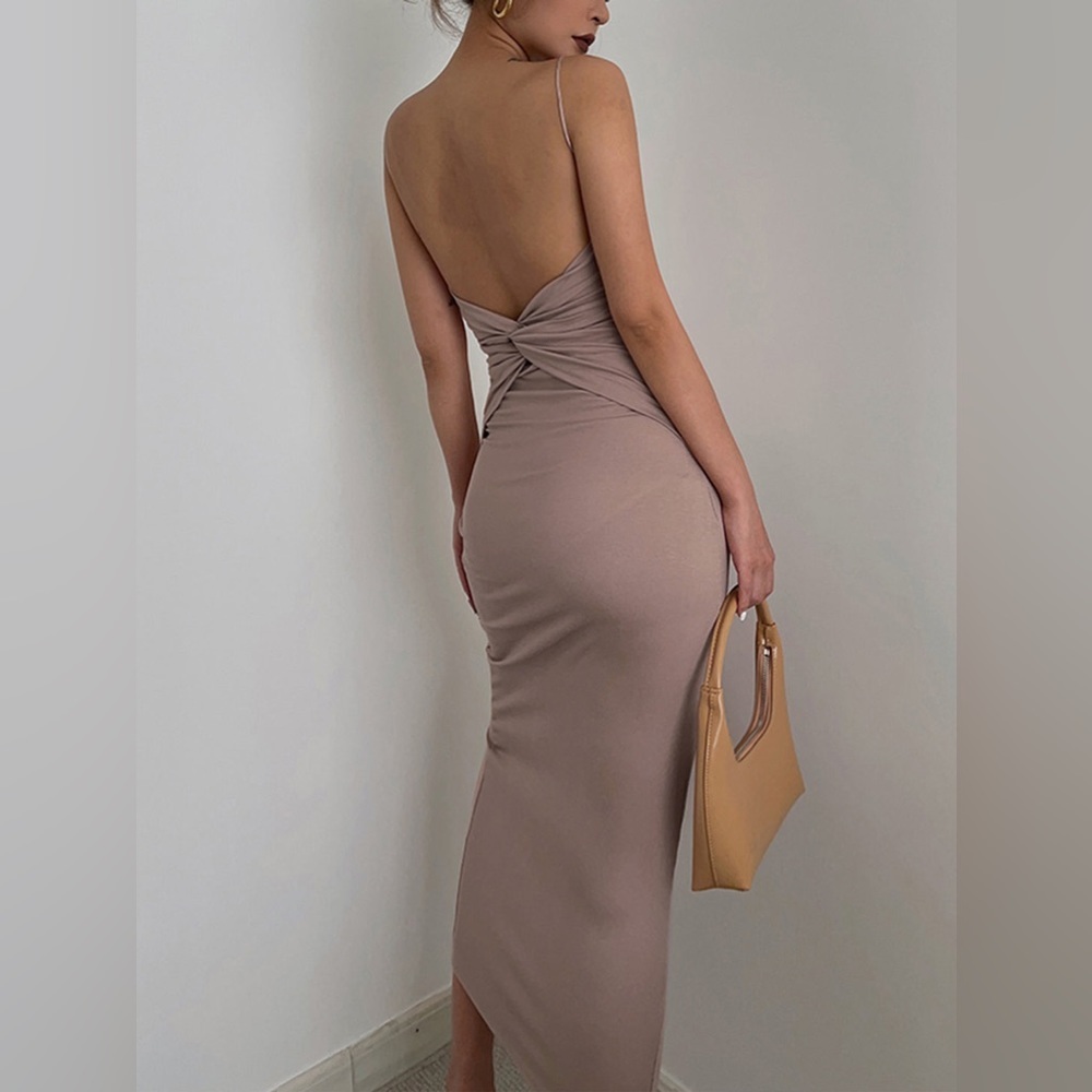 Commense Taupe Backless Midi Dress